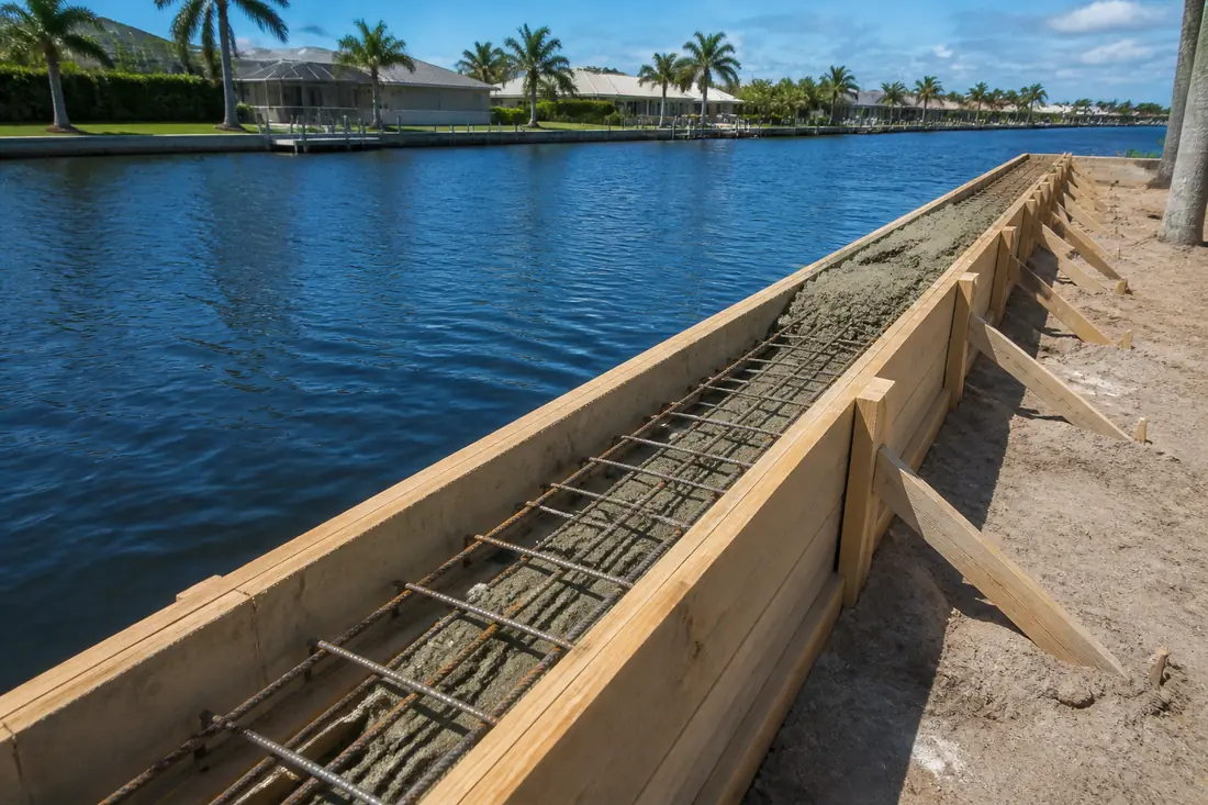 Formwork and reinforcement in place for a new seawall cap on a canal wall