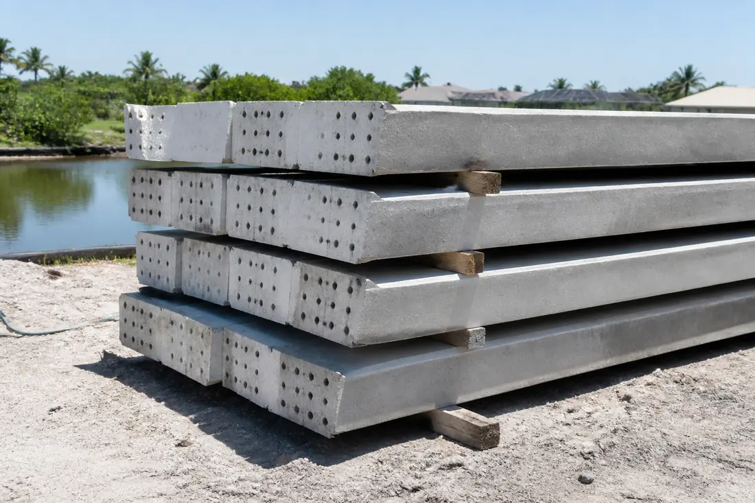 Precast prestressed concrete seawall panels stacked at a Cape Coral marine yard