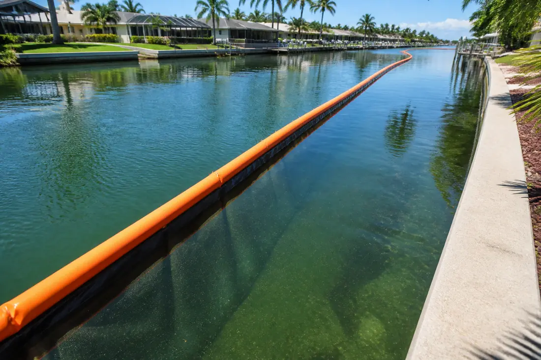 A turbidity curtain weighted to the canal bottom alongside a seawall