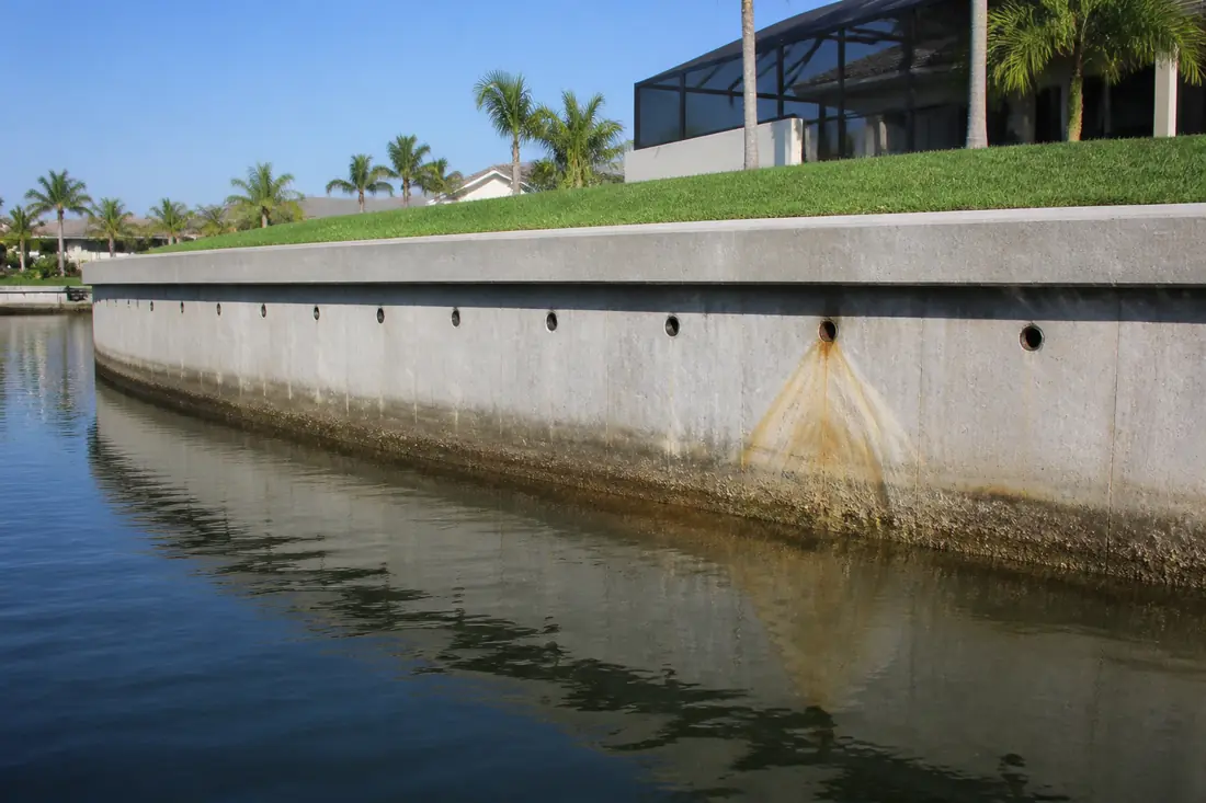 A row of weep holes along the face of a concrete seawall above the waterline