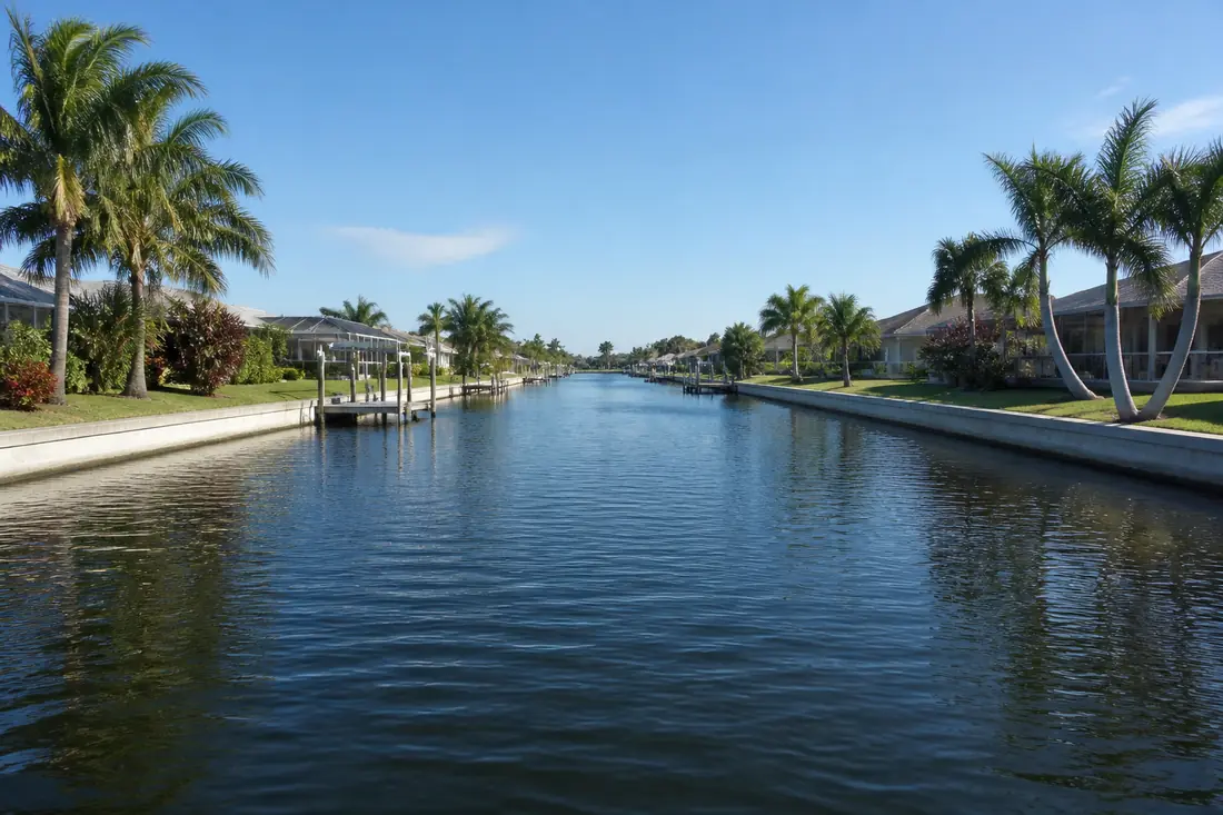 A Cape Coral residential canal lined with concrete seawalls on both banks